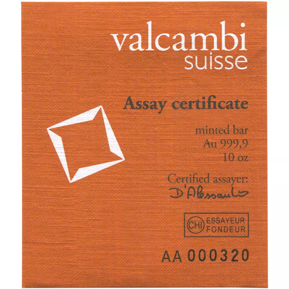 10 oz. Gold Bar - Valcambi Suisse - 999.9 Fine Sealed with Assay Certificate