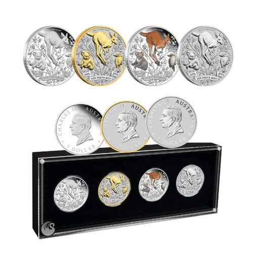 2024 Australia Perth Mint 125th Ann. Kangaroo 4 x 1 oz Silver Typeset Collection